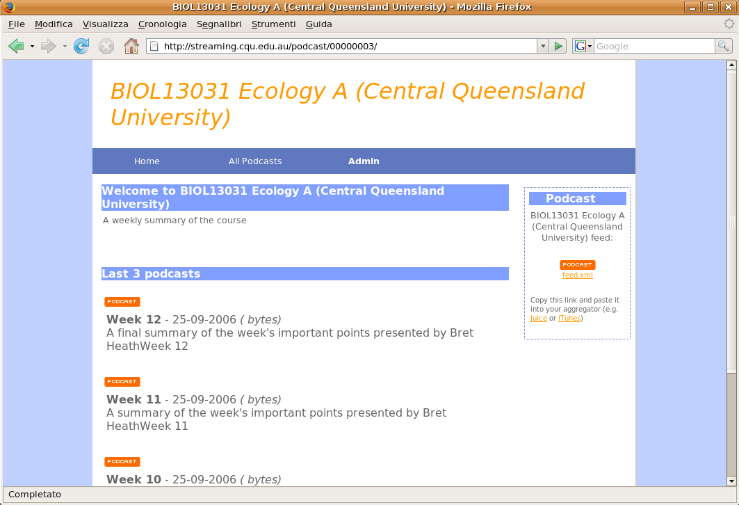 Central Queensland University biology course using Podcast Generator, September 2006