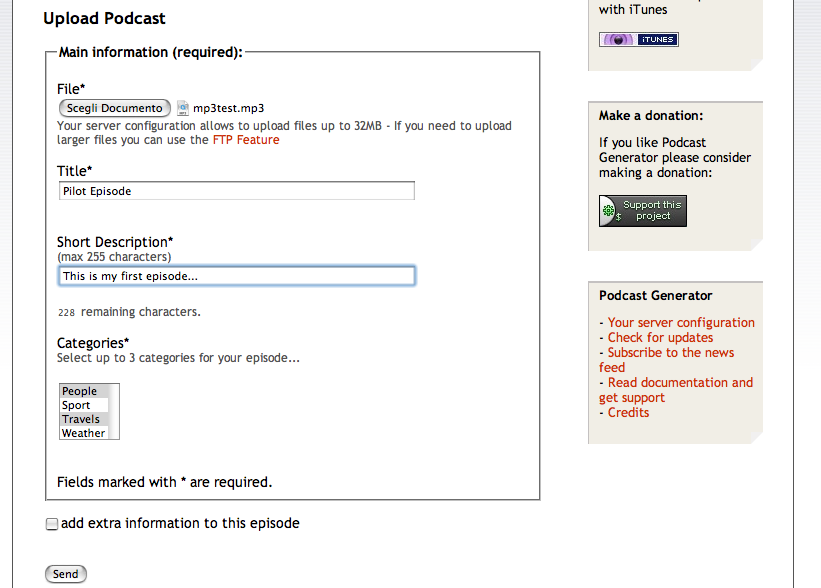Podcast Generator v1.0 upload form with title, description, categories, and file picker