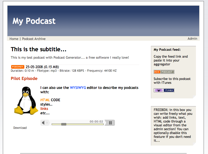 Podcast Generator v1.0 episode detail page with Flash player and episode metadata