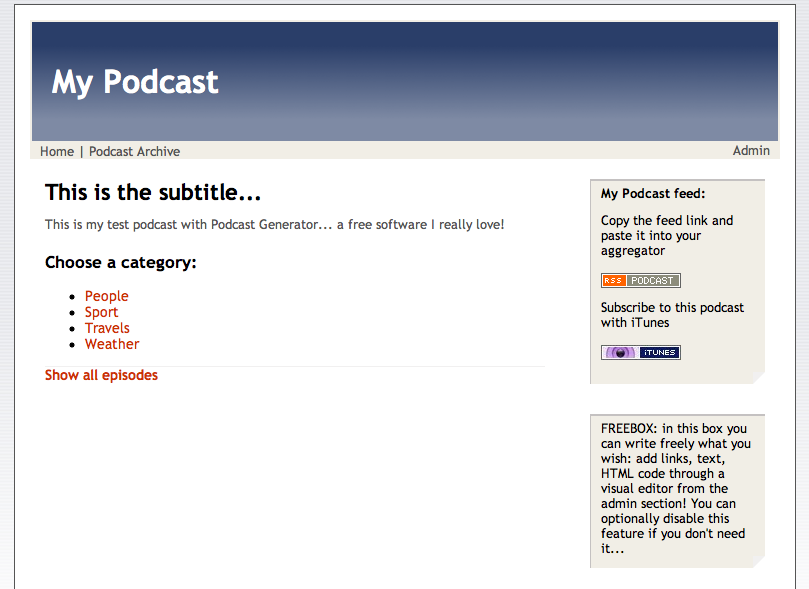Podcast Generator v1.0 homepage showing category browsing with People, Sport, Travels, Weather categories and Freebox sidebar