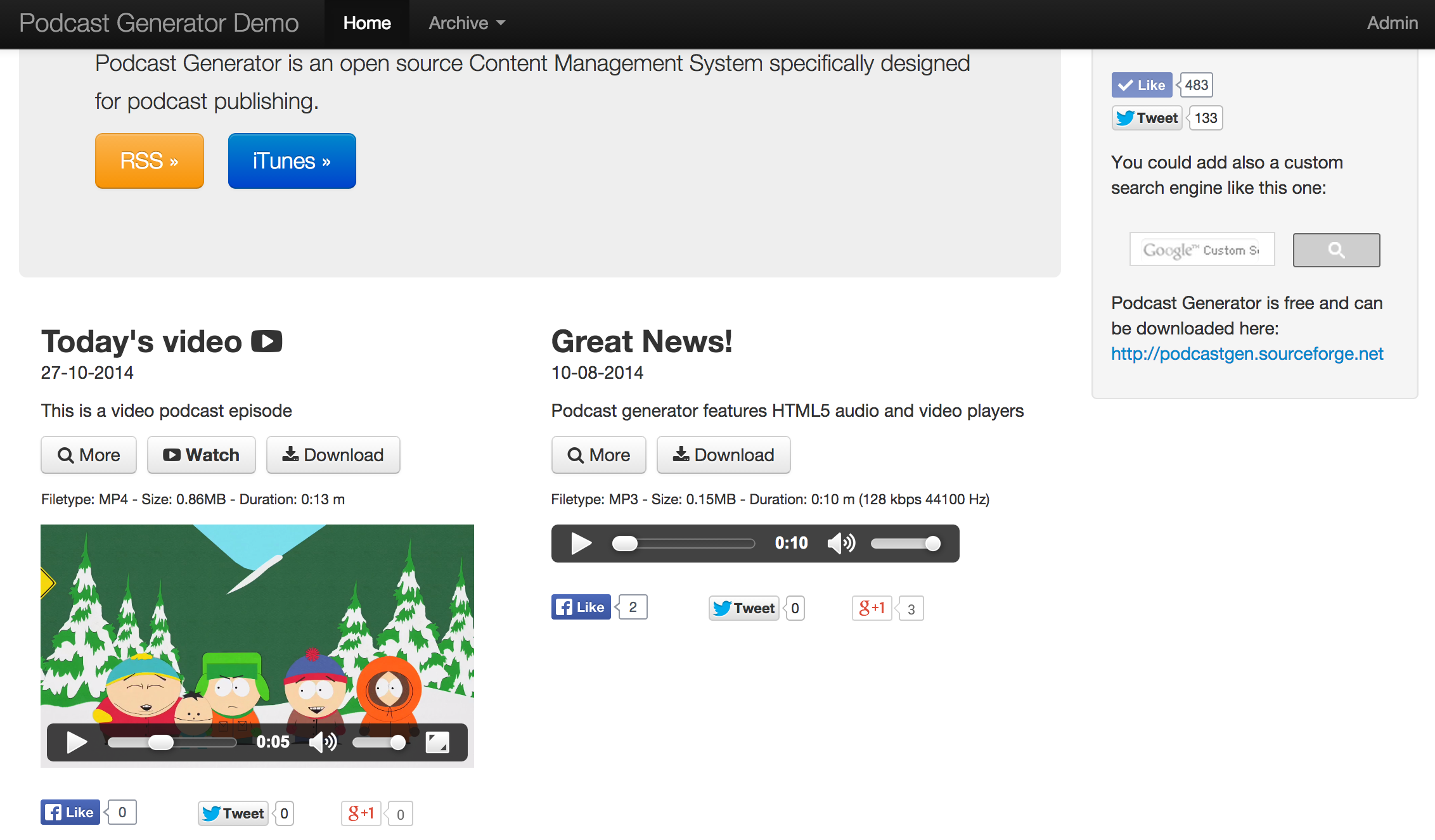 Podcast Generator v2.3 showing HTML5 video player playing inline and HTML5 audio player with playback controls