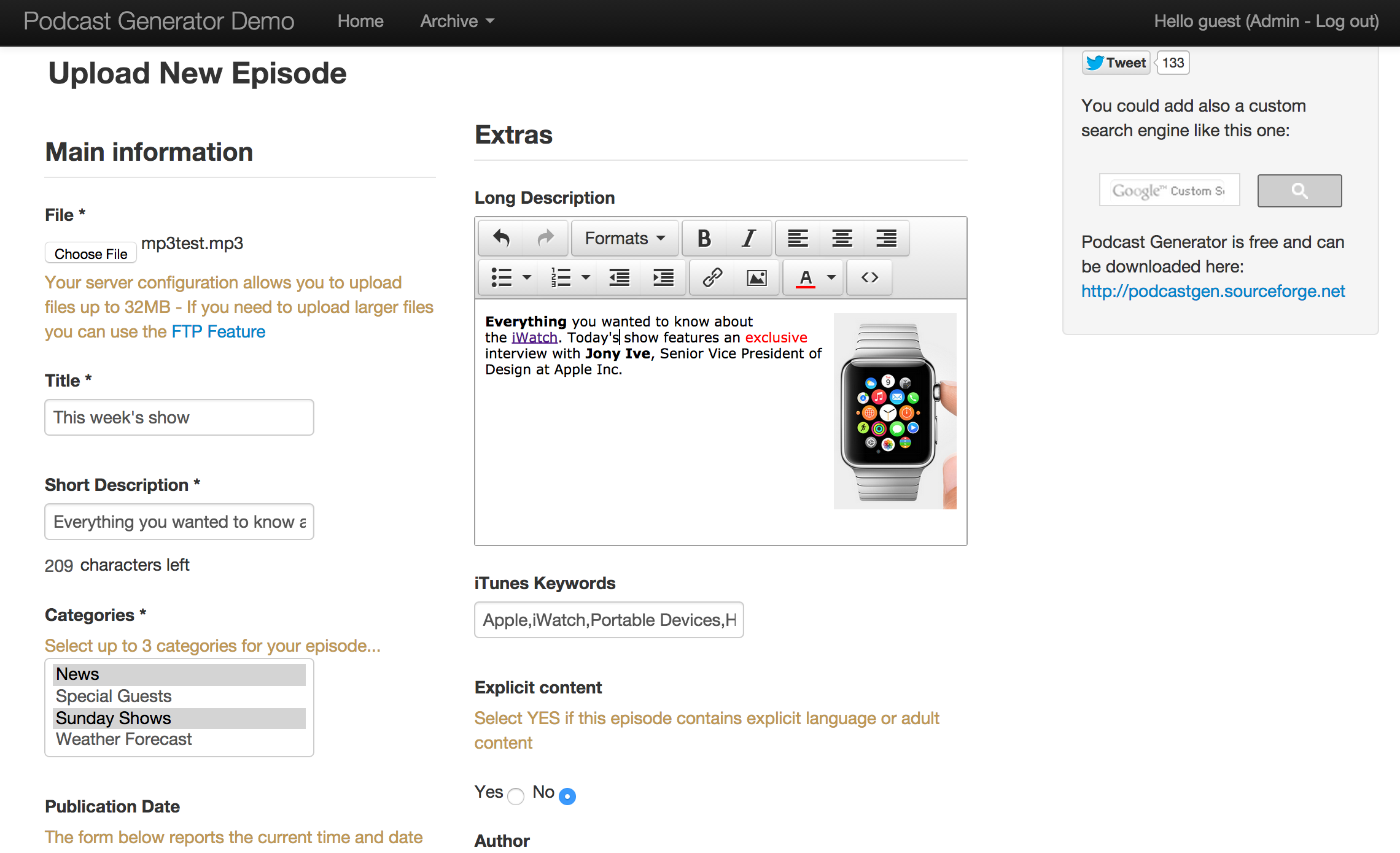 Podcast Generator v2.3 upload form with rich text editor, categories, iTunes keywords, and FTP feature link