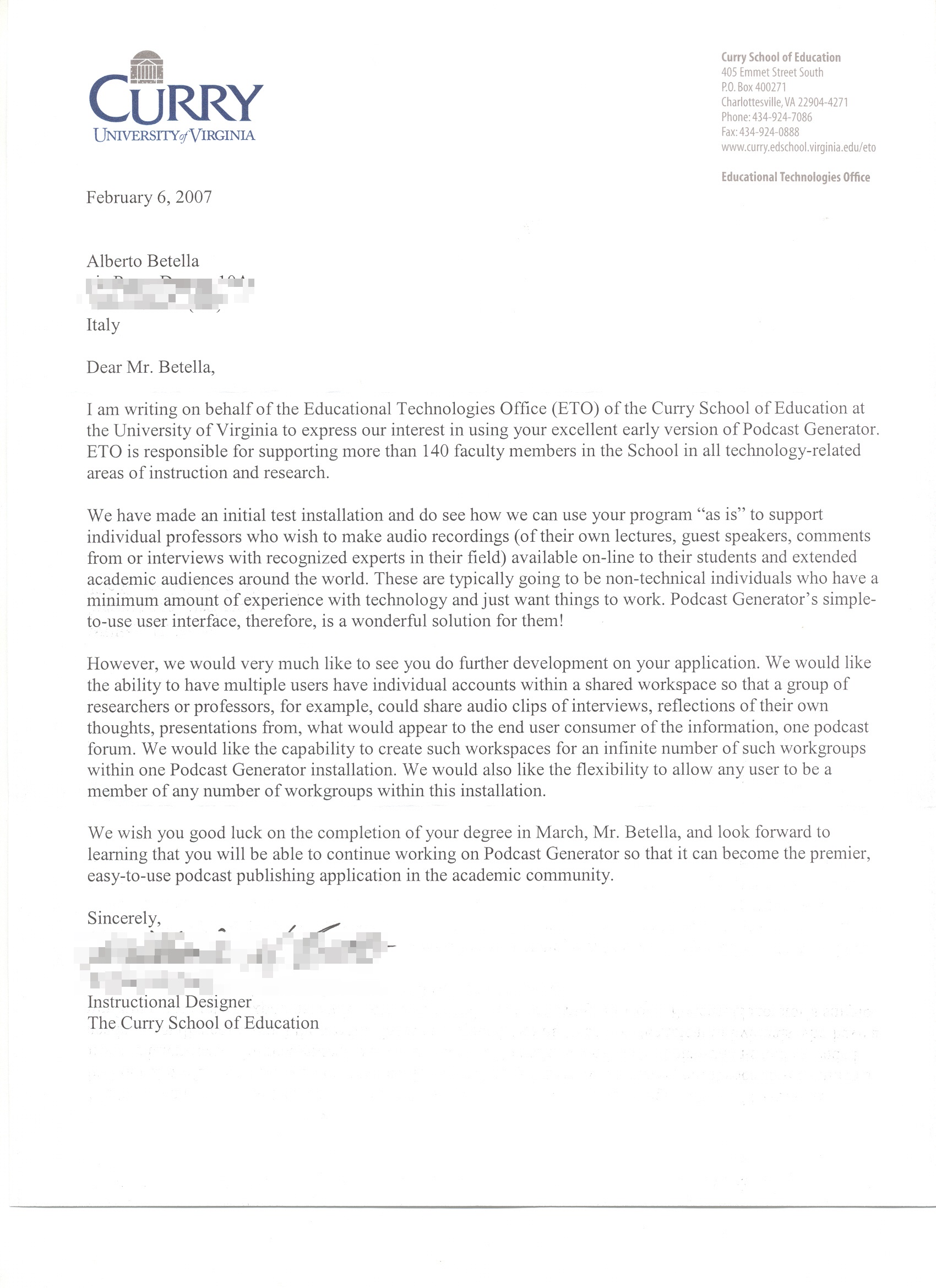 Support letter from University of Virginia, Curry School of Education, February 2007